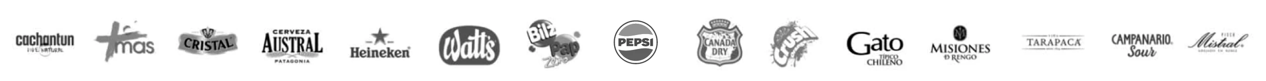 Marcas CCU: Cachantun, Cristal, Austral, Heineken, Watts, Bilz y Pap, Pepsi, Canada Dry, Crush, Gato, Misiones de Rengo, Tarapacá, Campanario y Mistral