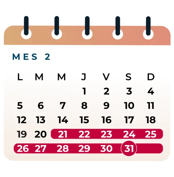 Calendario de ejemplo que muestra el plazo hasta el día 20 del mes siguiente para pagar CRECCU sin intereses, solo con costo de mantención